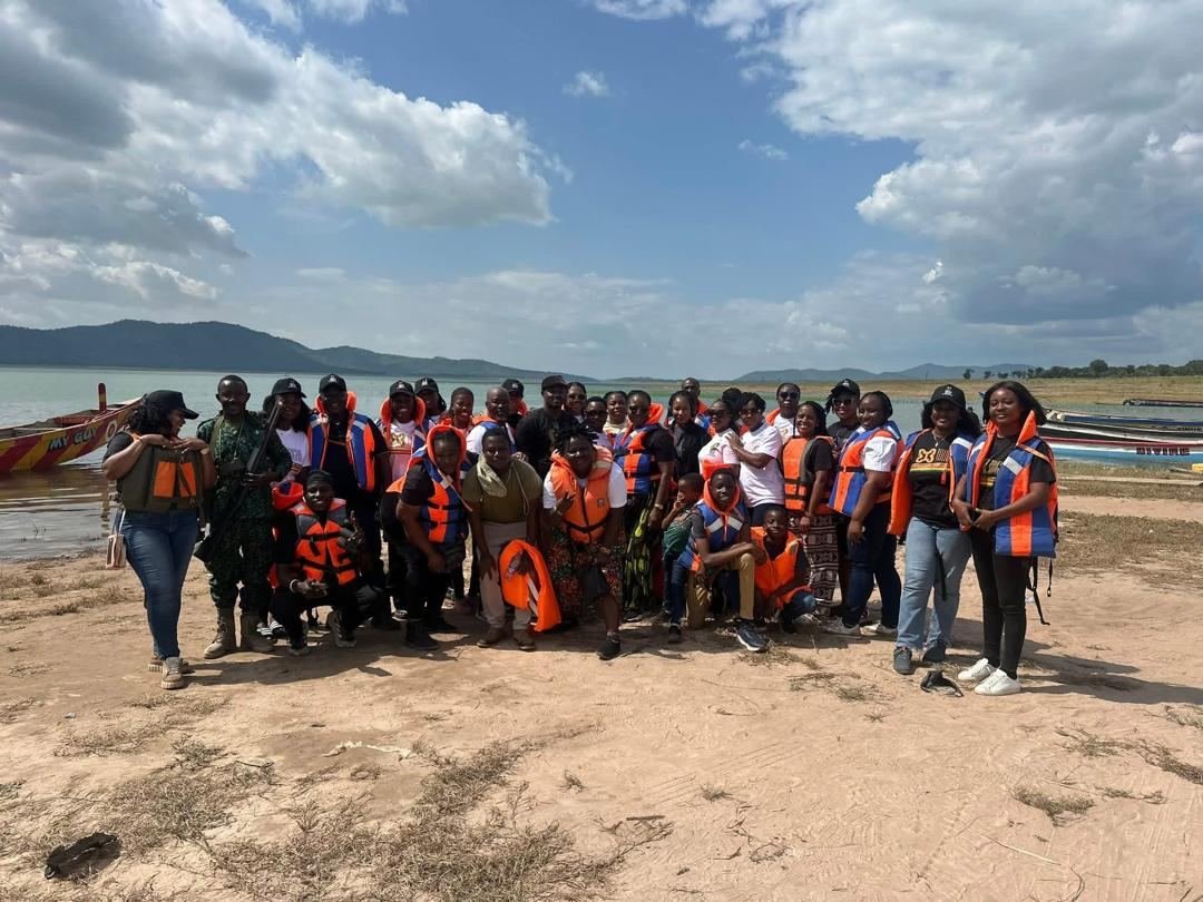 Group on a life-vested lake crossing in Ghana